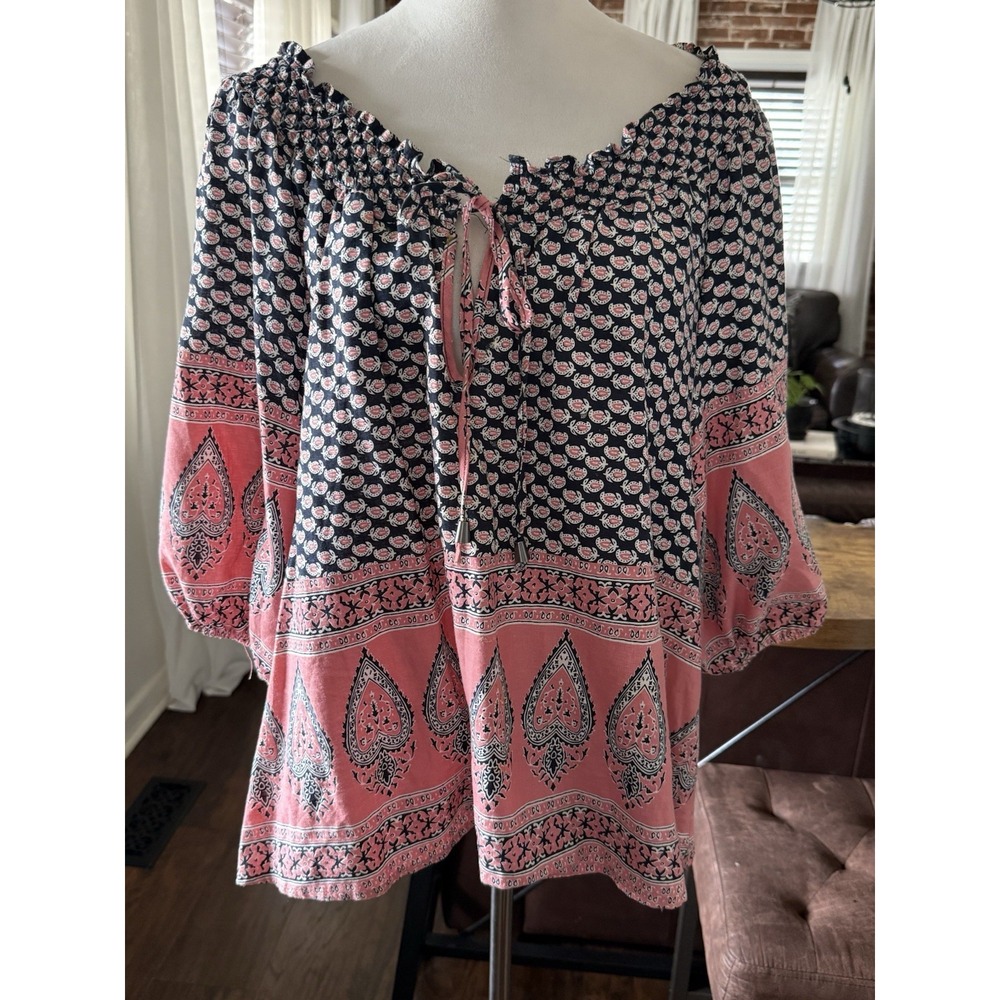 C & C California Boho Linen Blend Peasant Top with Tie Neck